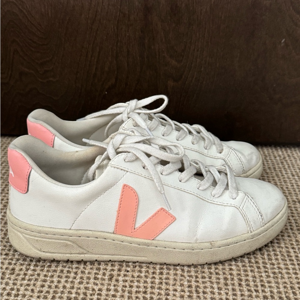 Veja White and Pink Minimalist Sneakers